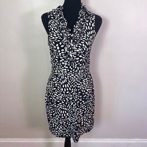 London Style Collection Sheath Dress 10 Black White Ruffle Neck Abstract Print